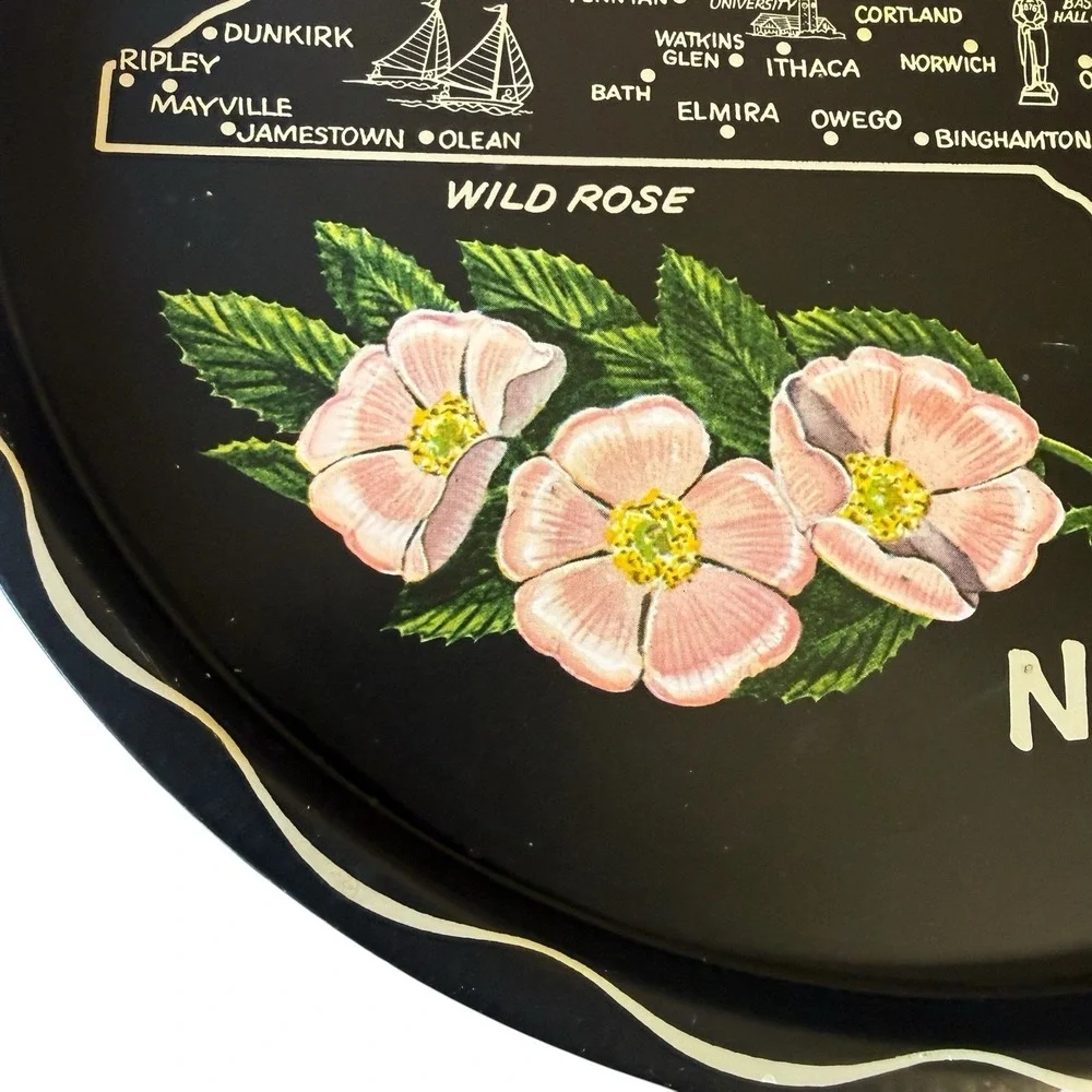 Vintage Mid Century New York Map Metal Souvenir  Cocktail Tray Wild Rose 11
